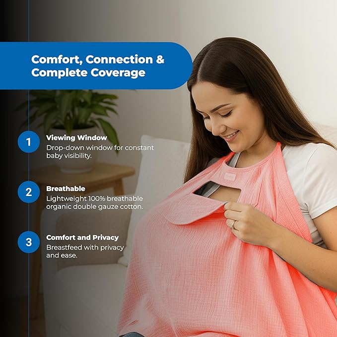 Muslin Nursing Cover for Baby Breastfeeding –Peekaboo Window -100% Breathable Cotton Privacy Nursing Shawl