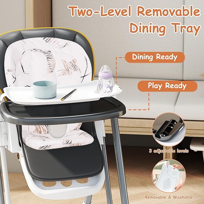 High Chairs for Babies and Toddlers, Foldable High Chair with Lockable Wheels, 4-in-1 Convertible, Adjustable Reclining Seat with Leg Rest & 5-Point Harness, Soft Cushion, Portable When Folded, Gray