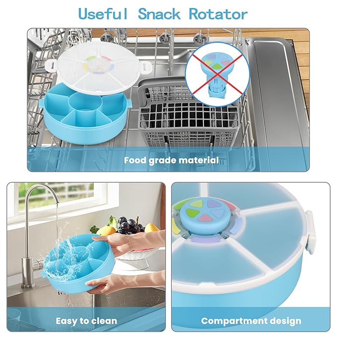 Pawtong Snack Rotator Container Reusable Snack Box with 5 Compartment Dispenser and Lid, Color Matching Opening Lid, BPA and PVC Free, for Home, School, Travel (1 Pack- Blue)