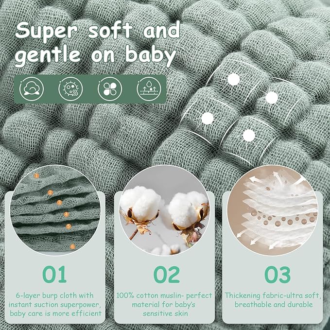 Looxii Muslin Burp Cloths 6 Pack - 20" x 10" - Ultra Soft & Absorbent, 6-Layer 100% Cotton for Spit Up & Drool- Gentle Baby Burping Cloth, Newborn Boys Girls Essentials, Dark Green