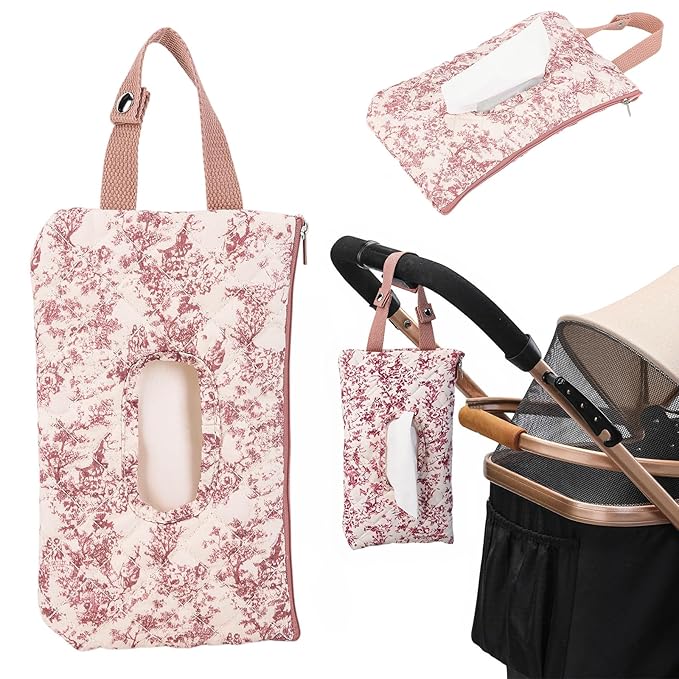 Quilted Baby Wipe Holder, Canvas Floral Quilted Pouch with Hanging Strap, Portable Diaper Wipe Holder for Travel Stroller-Classic Pink