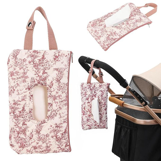 Quilted Baby Wipe Holder, Canvas Floral Quilted Pouch with Hanging Strap, Portable Diaper Wipe Holder for Travel Stroller-Classic Pink