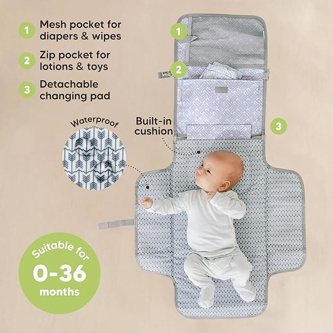 KeaBabies Portable Diaper Changing Pad, Travel, Car - Large Waterproof Baby Changing Mat, Wipeable, Padded, On The Go Travel Diaper Clutch Bag, Easy to Use Pockets for Newborn Essentials (Gray Mod)