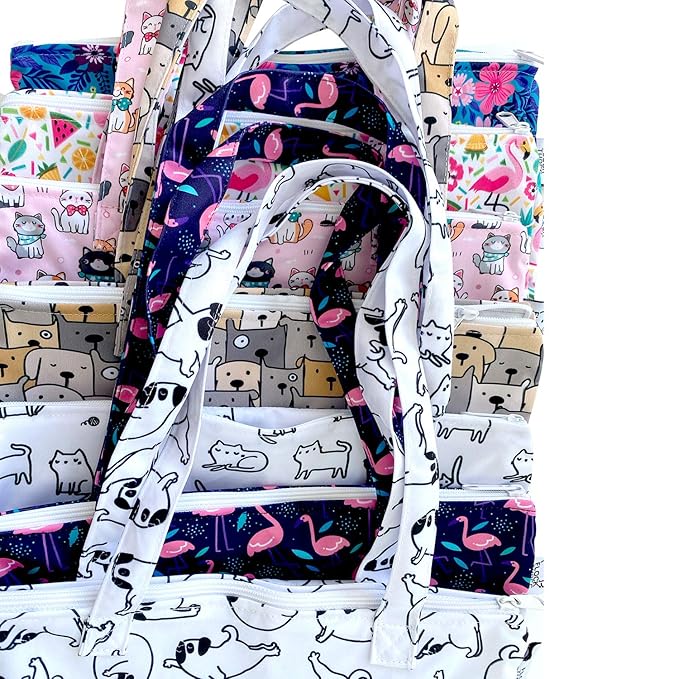 FLOCK THREE 2pcs Wet Dry Bag Waterproof Tote Reusable Wet Clothes Baby Diapers Stroller Swimsuit Travel Small Larger Electronics Toiletries Pouch Cute Dogs