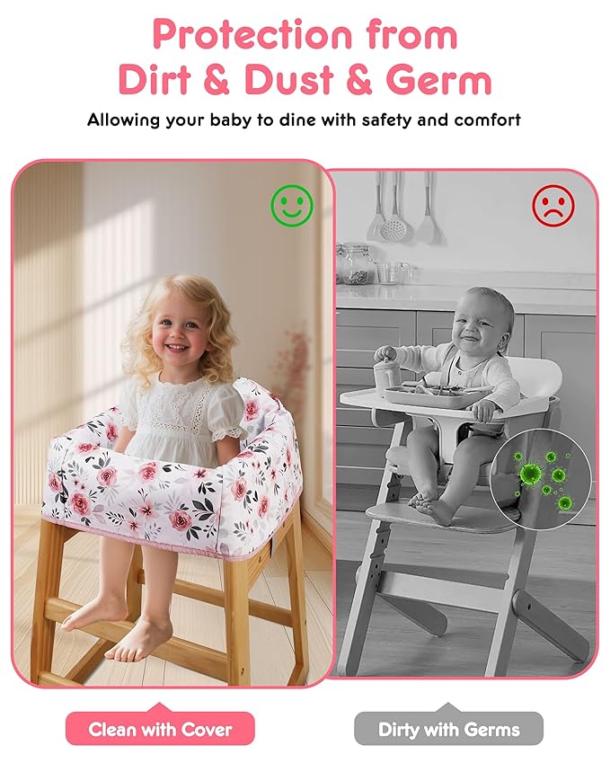 Baby High Chair Cover Restaurant with Strap Pads & 3-Point Harness, Machine Washable, Waterproof Portable Highchair Covers for Eating, Travel, Home Use - Fits Wooden Chairs, Pink Flowers