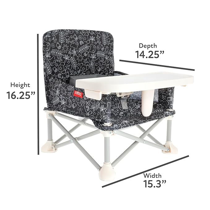 Nuby Pop-Up Booster Seat with Removable Tray - 6+ Months - Portable Booster Seat for Floor Indoor/Outdoor Use - 3-Point Safety Adjustable Straps - Summer Travel Essentials - Black and White