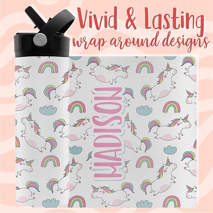 Personalized Water Bottle for Kids - 14 oz - 14 Design Options, Custom Water Bottle for Children - Unicorn Gifts for Girls, Teens - BPA FREE, Double-Wall Insulation - Unicorn