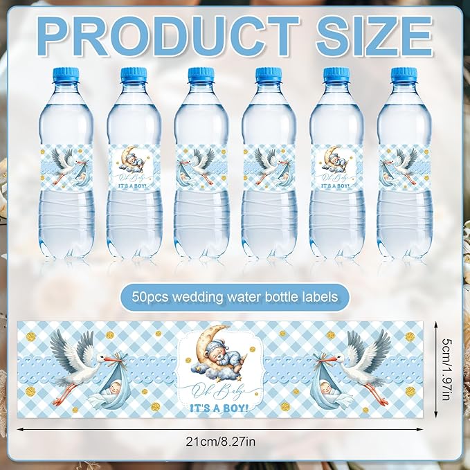 NQEUEPN 50pcs Baby Shower Water Bottle Labels, Waterproof Decorative Water Bottle Labels Personalized Water Bottle Wrap Stickers for Baby Shower Party Decorations (Boys Style 1)