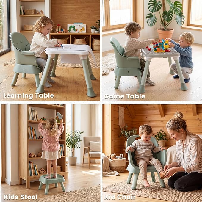 INFANS 8 in 1 Baby High Chair, Convertible Highchair for Babies and Toddlers, Infant Dining Booster Seat, Building Block Table, Kids Stool Table Chair Set with Removable Tray (Green)