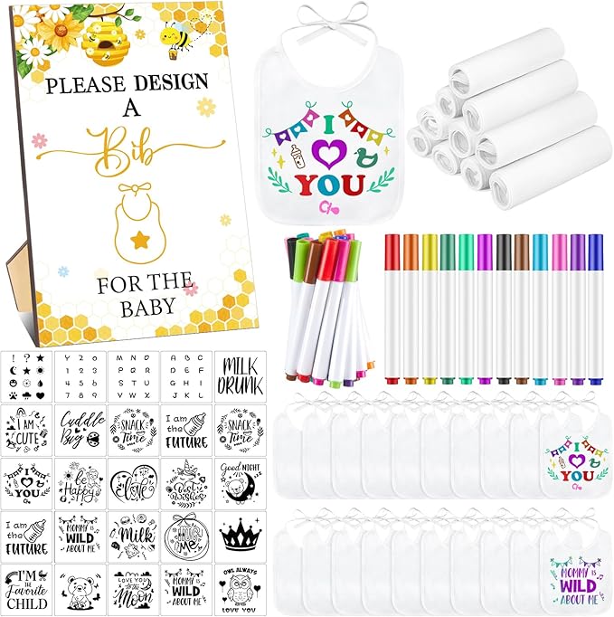 Panitay 100 Pcs DIY Baby Bibs Decorating Kit 50 White Bibs 25 Stencils 24 Markers 1 Baby Shower Game Sign