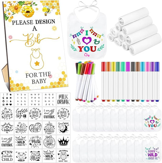 Panitay 100 Pcs DIY Baby Bibs Decorating Kit 50 White Bibs 25 Stencils 24 Markers 1 Baby Shower Game Sign