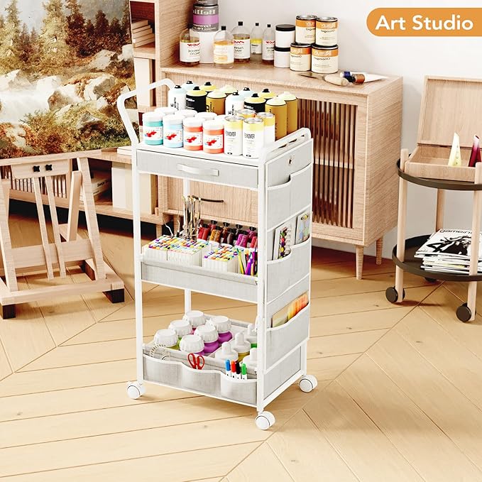 BBLIKE 3-Tier Diaper Caddy Organizer - Rolling Utility Baby Cart with Drawer and Side Pockets for Nursery and Baby Essentials, Multi-Function Cart for Bedroom and Bathroom, White