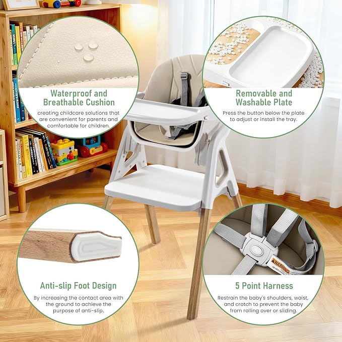 Baby High Chair, Babies and Toddlers Convertible Slim High Chair with 6 Growing Stages from Infant to Toddler Seating with Removable Tray, Easy to Clean,Beige Cushion