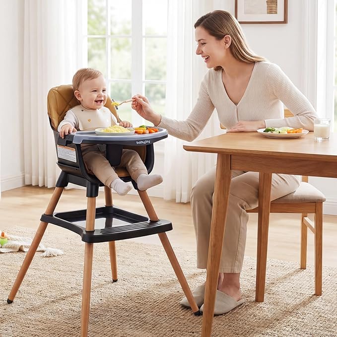 BABY JOY 8-in-1 High Chair, Convertible Wooden Highchairs for Babies and Toddlers | Dining Booster Seat | Toddler Stool, Double Removable Tray, 5-Point Safety Harness & Waterproof PU Cushion (Coffee)