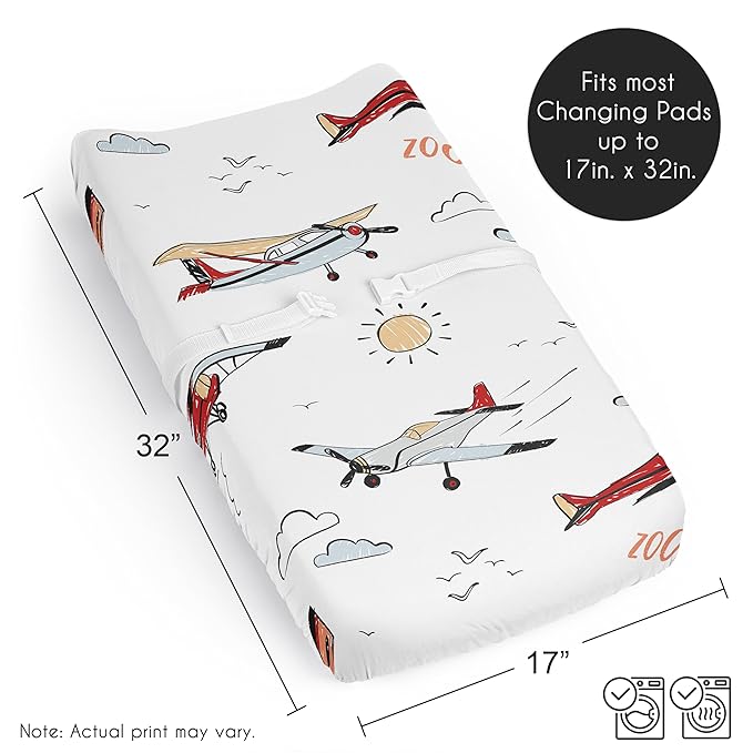 Sweet Jojo Designs Baby Changing Pad Cover Sheet (Vintage Airplane) for Boys, Infant/Newborn Diaper Change Table Mat Covers (Sky, Airplanes, Air Plane, Transportation, Aviator, Aviation, Blue Clouds)