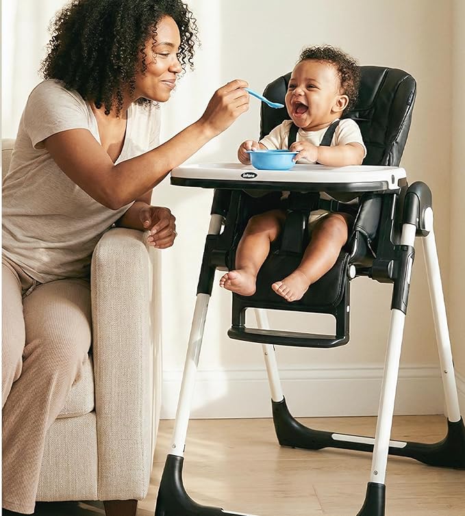 INFANS High Chair for Babies & Toddlers, Foldable Highchair with Multiple Adjustable Backrest, Footrest and Seat Height, Removable Tray, Detachable PU Leather Cushion, Built-in Rear Wheels (Black)