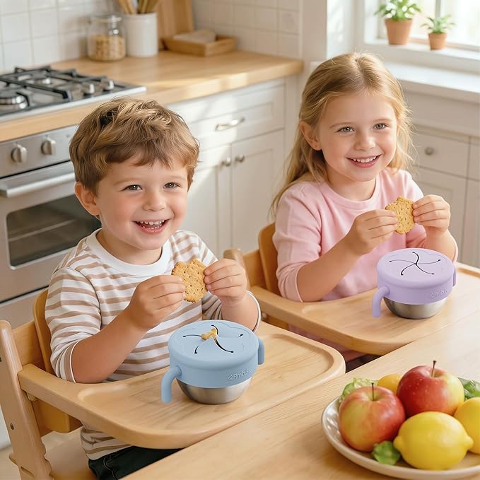 Fimibuke Snack Containers for Toddlers Kids, 12 OZ Spill Proof Stainless Steel Baby Snack Cups with Removable Silicone Food Catcher, Handles & Travel Lid BPA-Free Dishwasher Safe Food Container 2 Pack