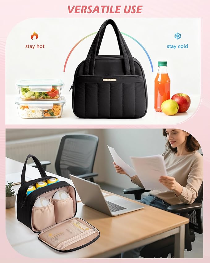 Marscamd Quilted Wearable Breast Pump Bag with Cooler Compartment, Wearable Pump Case Compatible with Momcozy and Most Brand Hands-Free Breast Pumps, Black
