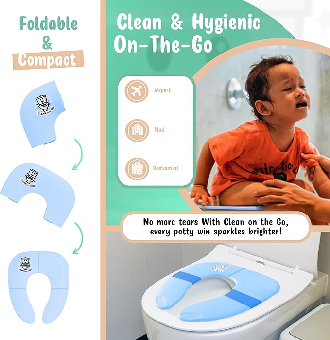 Travel Potty Seat: Portable w Carrying Case for Toddler Toilet Training, Foldable Non-Slip Silicone for kids public toilets, CLEAN ON THE GO (Blue)