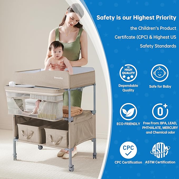 Sweeby Portable Baby Changing Table, Foldable Diaper Changing Station with Waterproof Pad, Mobile Nursery Organizer for Infant & Newborn Essentials, Oat