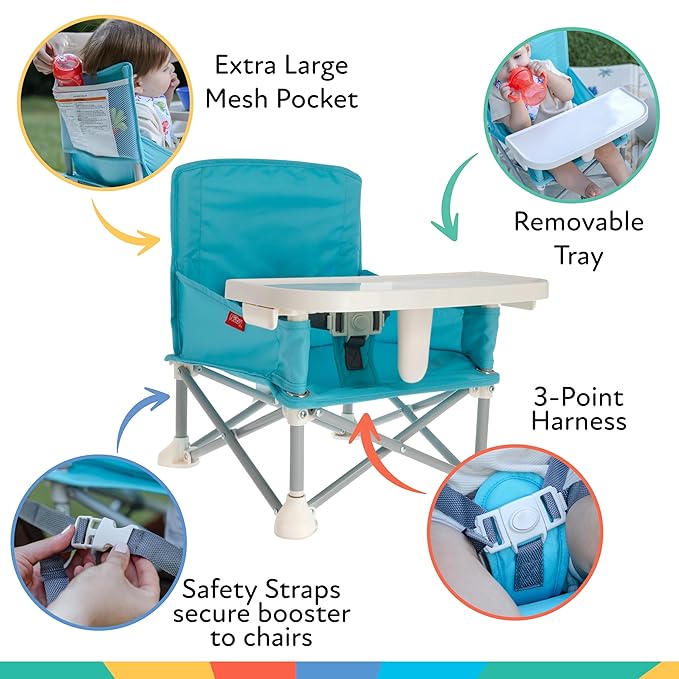 Nuby Pop-Up Booster Seat with Removable Tray - 6+ Months - Portable Booster Seat for Floor for Indoor/Outdoor Use - 3-Point Safety Adjustable Straps - Summer Travel Essentials - Aqua