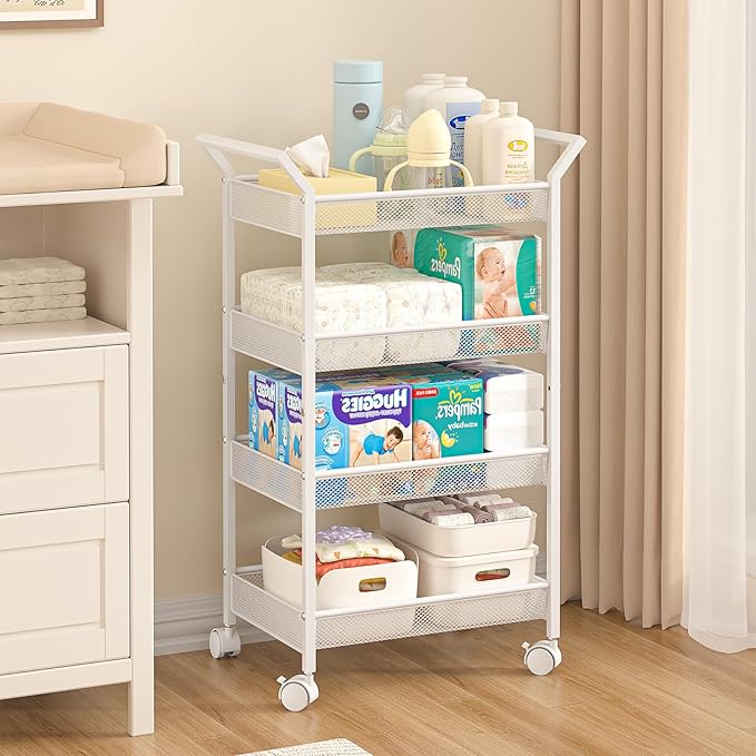 4-Tier Baby Diaper Caddy Cart, Diaper Caddy Organizer and Storage, Nursery and Baby Essentials Storage, Rolling Utility Cart for Bedroom and Bathroom, White