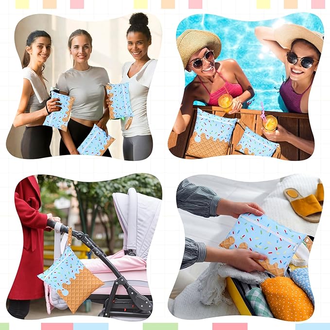 SATINIOR 2 Pack Wet Dry Bags Ice Cream Waterproof Pouch Large & Small Makeup Bag Baby Wet Bags Zipper Pouch for Baby Women Diapers Cloth(Blue)