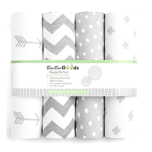 Premium Baby Changing Pad Covers 4 Pack – Boy or Girl Changing Pad Cover – Pure Jersey Machine Washable Grey and White Changing Table Cover – Diaper Changing Pad Cover Sheets
