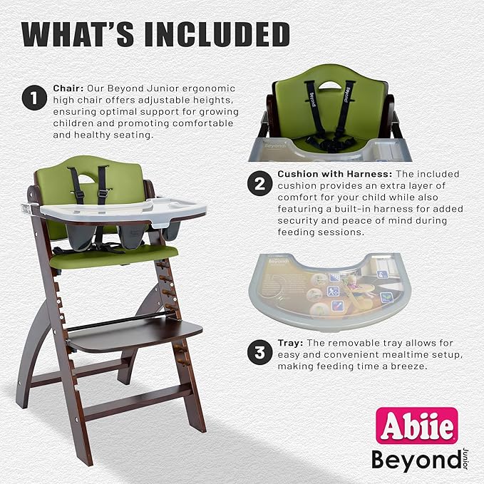 Abiie Beyond Junior Wooden High Chair for Babies and Toddlers - Convertible 3-in-1 Baby Highchair with Removable Tray - 6 Months to 250 Lb - Water Resistant - Mahogany Wood/Olive Cushion