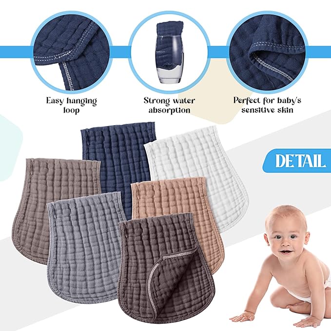 Frienda 6 Pack Muslin Burp Cloths Cotton Large 20''x 9'' Extra Absorbent and Soft Baby Burping Cloth for Baby Boy Girl Unisex(Dark Colors)
