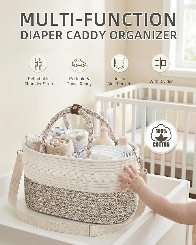 Baby Diaper Caddy Organizer With Handle, Cotton Rope Baby Shower Basket, Large Diaper Caddy with Shoulder Straps for Newborn Parents, Home and Car Travel, 14.5"x8.5"x7.5