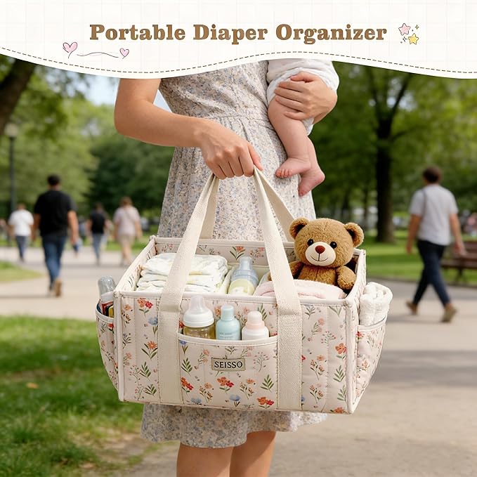 SEISSO Diaper Caddy Organizer with Handle, Portable Baby Gift Basket, Floral Diaper Organizer Nursery Storage Bag, Newborn Girl Boy Essentials, Gift for Baby Shower