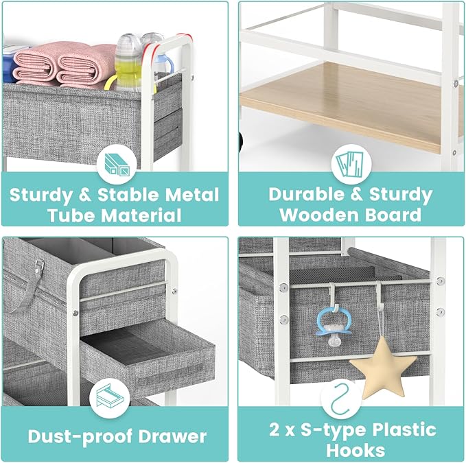 LIDTOP 2In1 Diaper Caddy & 4-Tier Rolling Diaper Cart, Diaper Caddy Organizer Cart with Dividers & Drawer, Mobile Metal Bedside Cart for Baby Nursery Essentials Storage, Large Capacity, White
