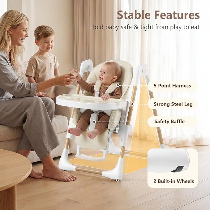 Kinder King Convertible High Chair for Babies & Toddlers, Adjustable Baby Feeding High Chair with Removable Double Tray, Simple Compact Fold for Space-Saving, 2 Built-in Wheels, Easy to Clean