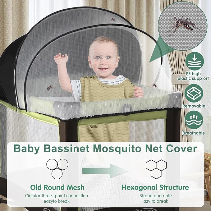 Pack N Play Tent Cover & Bassinet Canopy - Half-Blackout Breathable Mosquito Net with 2-Way Zipper for Bassinet, Travel Crib, Mini Crib & Playpen to Keep Cats Out (Black-Large)