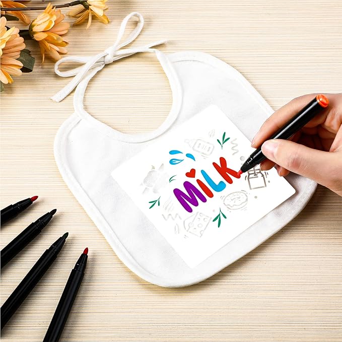 Jutom 38 Pcs DIY Baby Bibs Decorating Kit 14 Bibs 14 Stencils 10 Fabric Markers 2 Ply Feeder Design Bib for Shower Games
