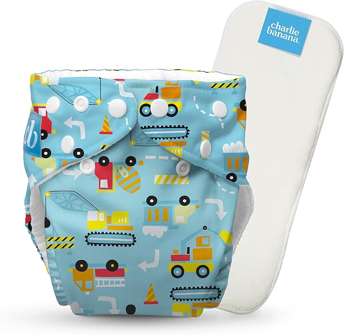 Charlie Banana Cloth Diapers, Reusable, Washable, Adjustable One Size Diaper, for Babies and Toddlers, with Absorbent Insert - Construction, 1 Pack