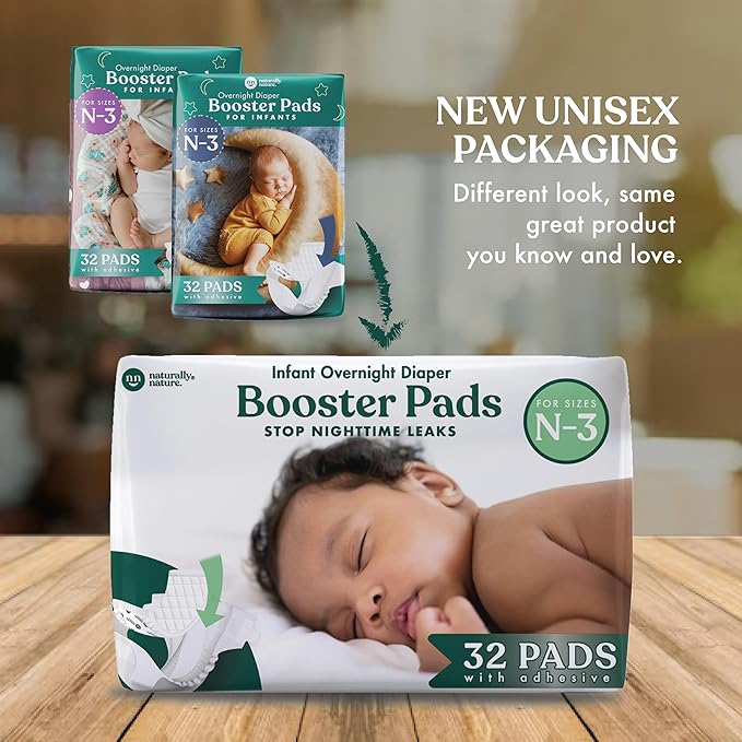 Naturally Nature Overnight Leak-Protection Diaper Booster Pads, for Heavy Wetters, Diaper Liners for Baby Overnight Diapers - Size N-3 Unisex, 32-Pack