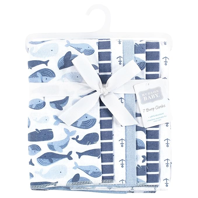 Hudson Baby Unisex Baby Cotton Flannel Burp Cloths 7-Pack, Cute Whales, One Size