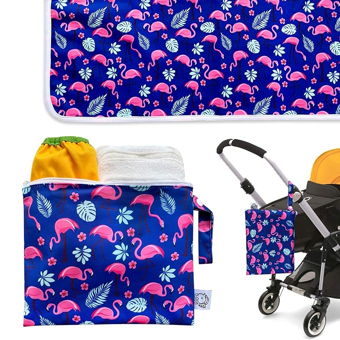 Flockthree Waterproof Baby Diaper Changing Pad with Storage Bag (28.7" X 19.7") Washable Wipeable Reusable Leak Proof Diaper Travel Mat Station Changing Mattress Liner Cribs Bed Cover, Flamingos