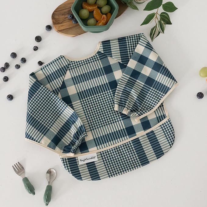 Tiny Twinkle Long Sleeve Bib for Babies & Toddlers | 2-Pack Waterproof Smock Bib for Eating | Machine Washable & Mess-Proof Feeding Essentials | Newborn Shower Gift(Vintage Cars, Gingham, 6-24M)