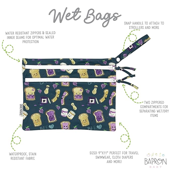 BapronBaby PBJ Pals Wet Dry Bag - Waterproof Two Zipper Pockets - Reusable for Mealtime, Diapers, Stroller, Snacks, Swimsuits - Machine Washable - 11" x 9"