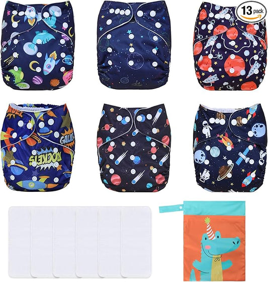 TDIAPERS Cloth Diapers Reusable Washable Pocket Diapers Cover One Size Adjustable for Baby Snaps Cloth Diapers Nappy 6 Pack with 6 Pcs Microfiber Inserts,1 Wet Bag