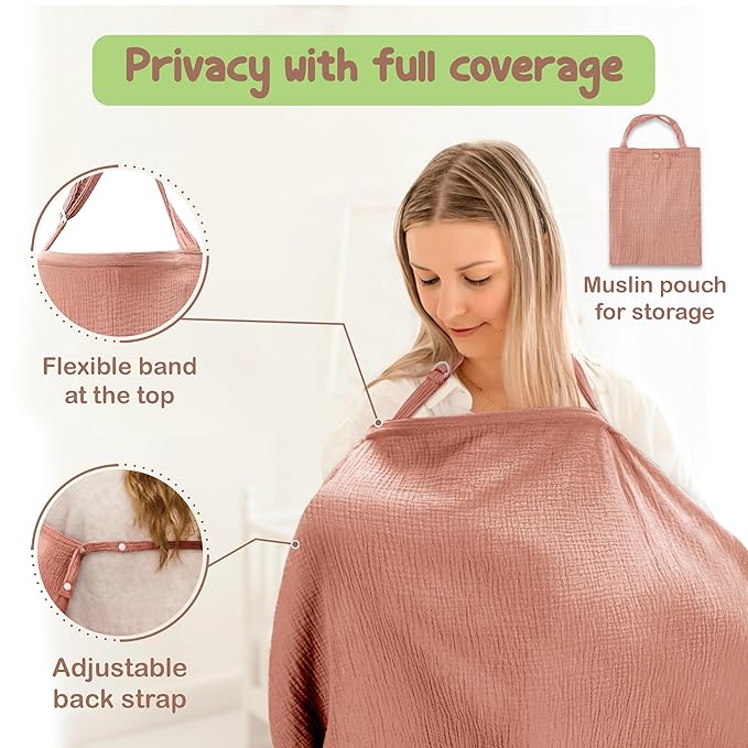 100% Organic Cotton Nursing Cover & Shawl - 43 x 28 Inch Breathable Muslin Breastfeeding Nursing Apron Cover with Arch Neckline for Mothers, Multi-use Carseat Canopy (Rust)