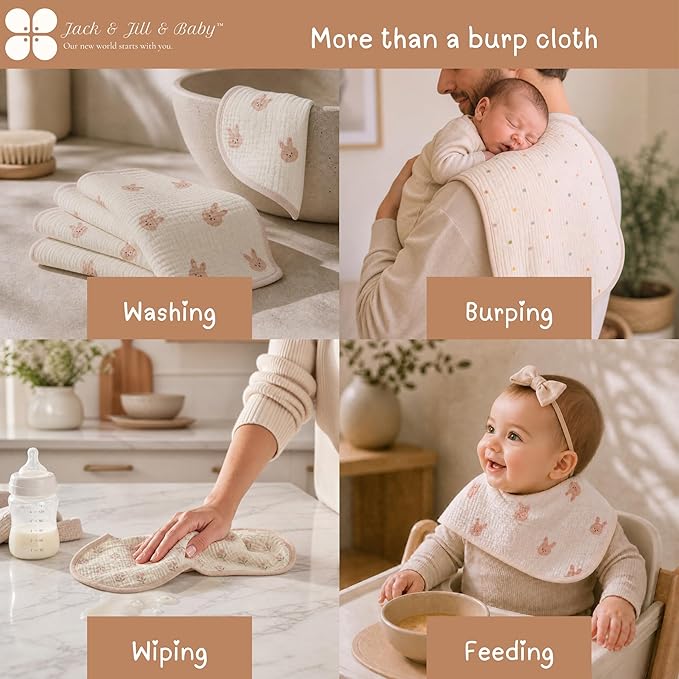 Jack & Jill & Baby Muslin Burp Cloths, 100% Cotton, 6-Pack, Large Soft Absorbent Baby Burp Rags for Newborns and Infants (Cotton Candy Garden (Bunny, Floral & Dots))