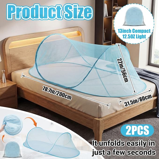 2 Pcs Large Pop up Mosquito Tent Portable Foldable Mosquito Bug Net for Bed Camping Travel Patio Outdoor 78 * 31 * 22 Inch Bug Netting Mesh Tent Canopy for Adults Bedroom, Blue