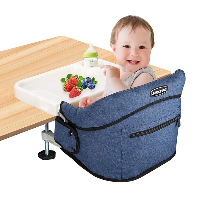 Hook On High Chair with Detachable Tray, Portable Foldable Clip On Baby Travel High Chair, Lightweight Feeding Seat with Storage Bag, BPA-Free Safety Harness for Home Restaurant (Navy)