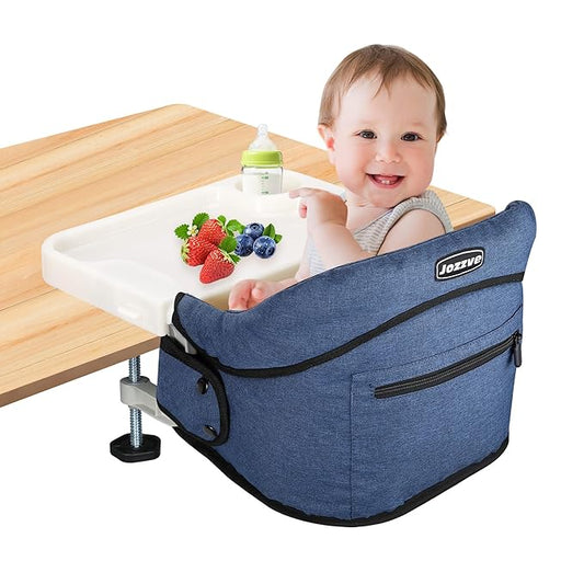 Hook On High Chair with Detachable Tray, Portable Foldable Clip On Baby Travel High Chair, Lightweight Feeding Seat with Storage Bag, BPA-Free Safety Harness for Home Restaurant (Navy)