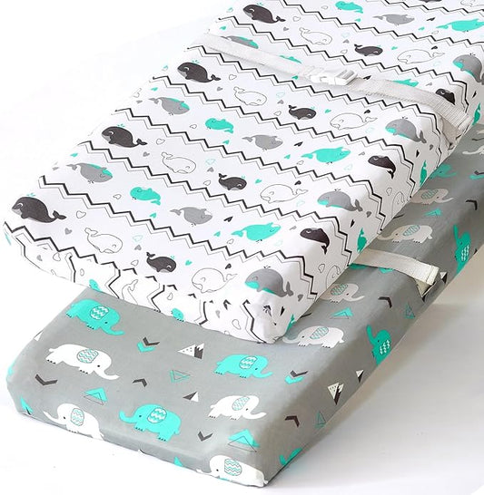 Stretchy Changing Pad Covers for Boys Girls,2 Pack Jersey Knit,Elephant & Whale