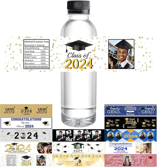 Personalized Water Bottle Labels Graduation Custom Graduation Labels with Name for Water Bottle Stickers Waterproof Printable Photo Bottle Labels Graduation Gifts 50 Pcs